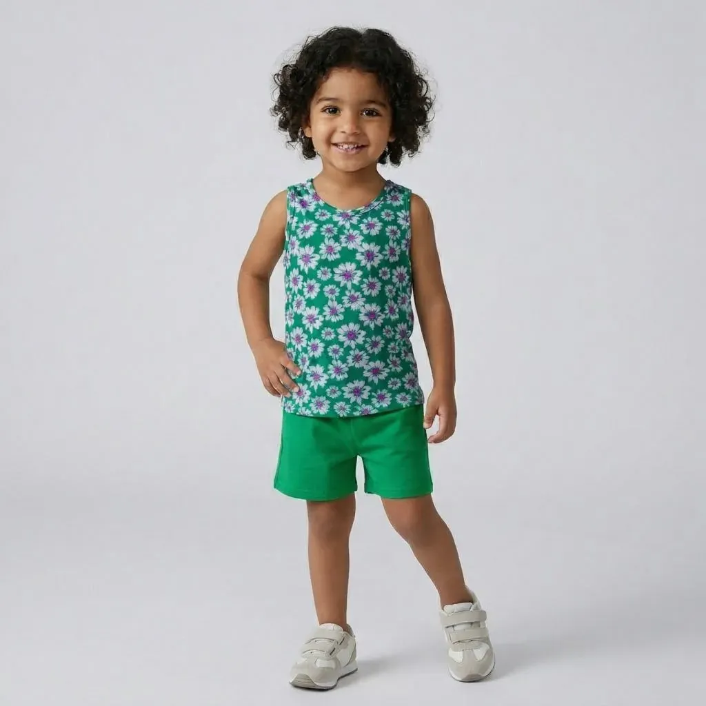 Cotton summer kids pajamas Sleeveless T-Shirt or Boys & Girls Green with flower design