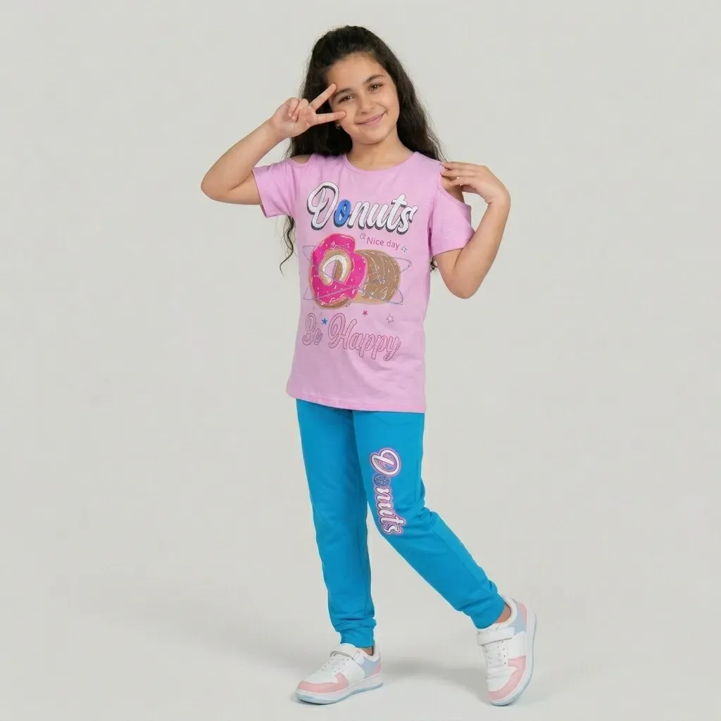 Tween girls’ summer cotton pajama with Donut Design Ping T shirt & Baby Blue pants
