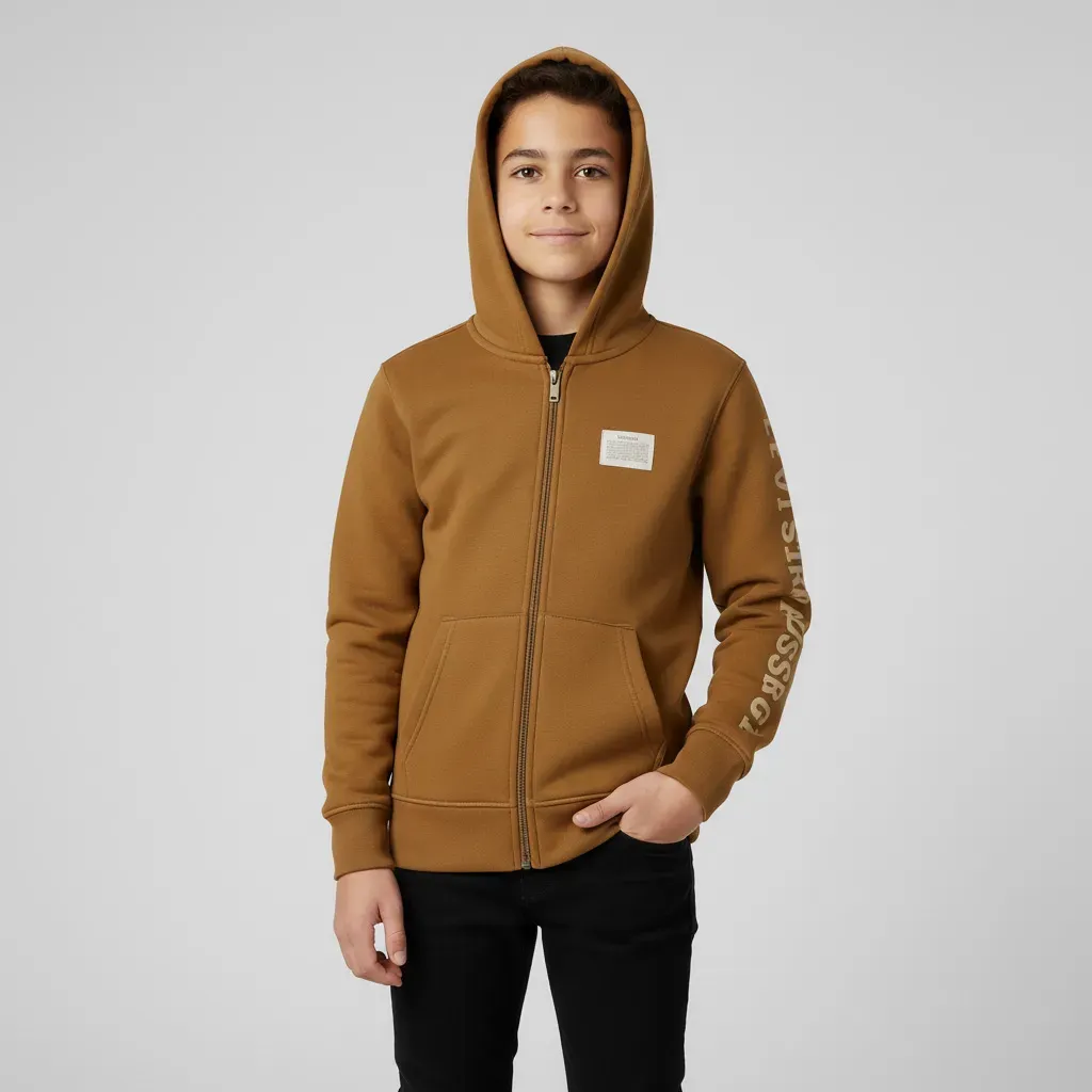 Boys Zip Up Hoodie Camel Brown Casual Sweatshirt
