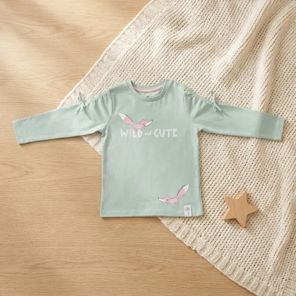 Girls' mint long-sleeve cute fox graphic t-shirt