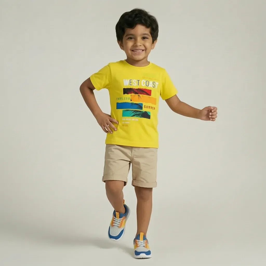 Boys’ summer cotton T-Shirt – West Coast Yellow – Sky blue