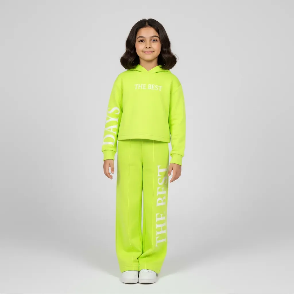 Girls' Two-Piece Winter Outfit Crop Hoodie And Wide-Leg Pants