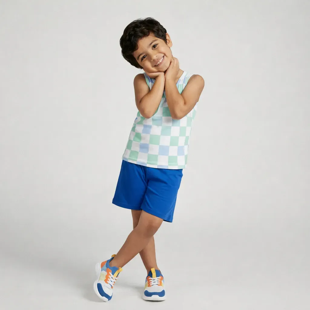 Kids summer cotton pajama set Green & Sky-Blue checkered Design