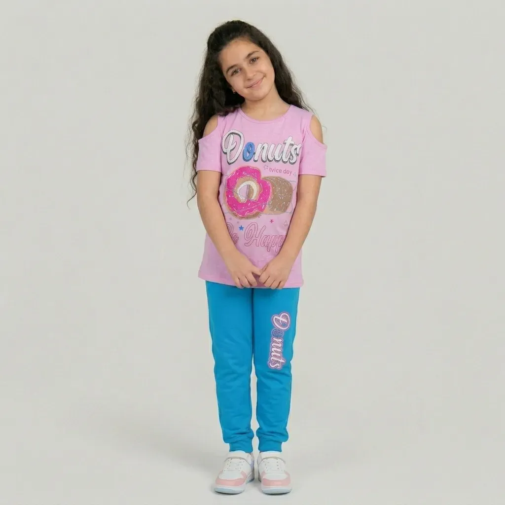 Tween girls’ summer cotton pajama with Donut Design Ping T shirt & Baby Blue pants