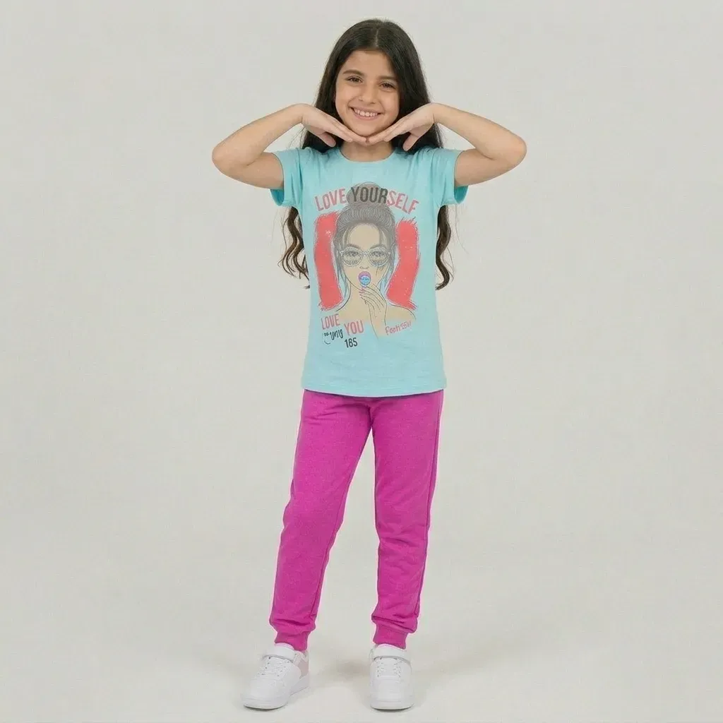 Summer Girls cotton pajama  t shirt baby blue pants pink