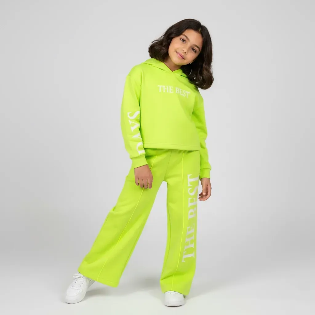 Girls' Two-Piece Winter Outfit Crop Hoodie And Wide-Leg Pants