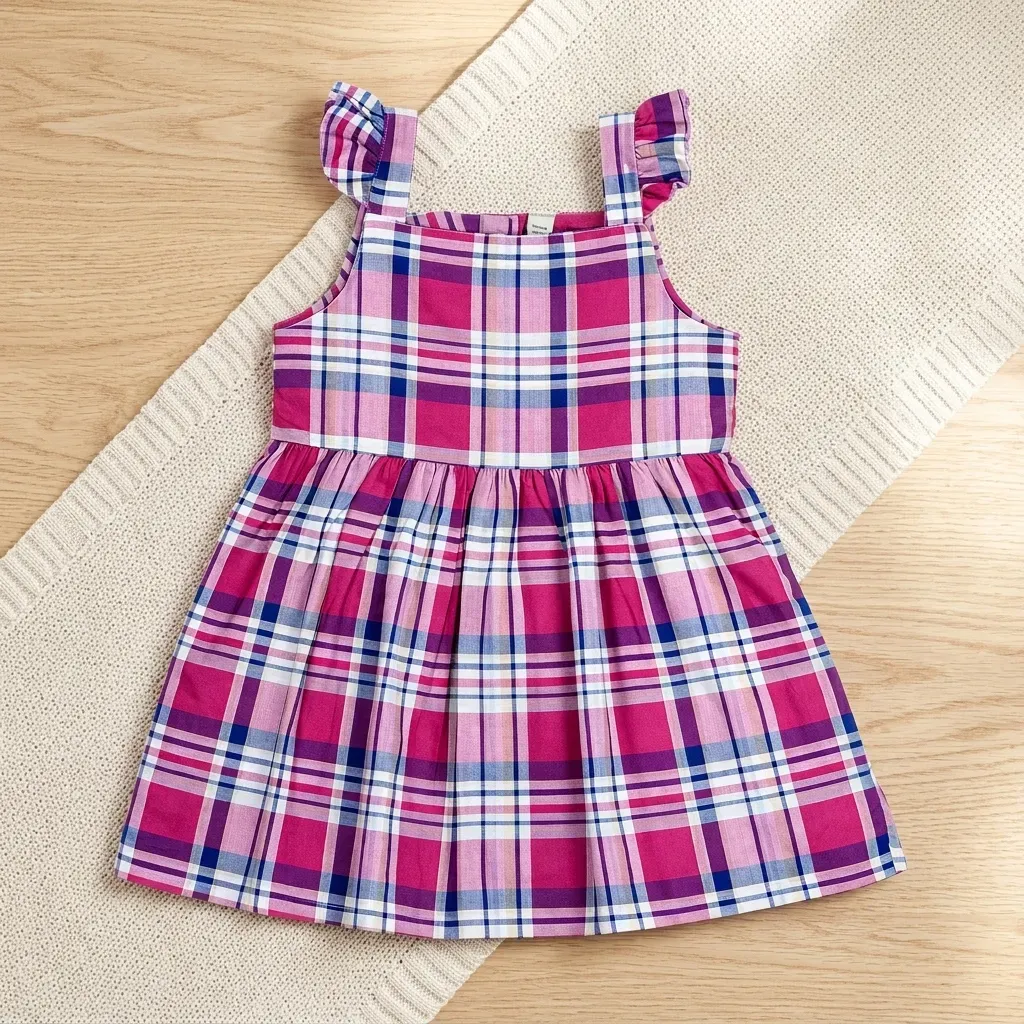 Colorful Summer Plaid Dress with Gathered Waist & Flared Skirt