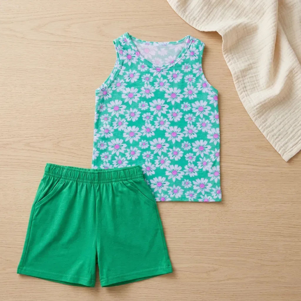 Cotton summer kids pajamas Sleeveless T-Shirt or Boys & Girls Green with flower design