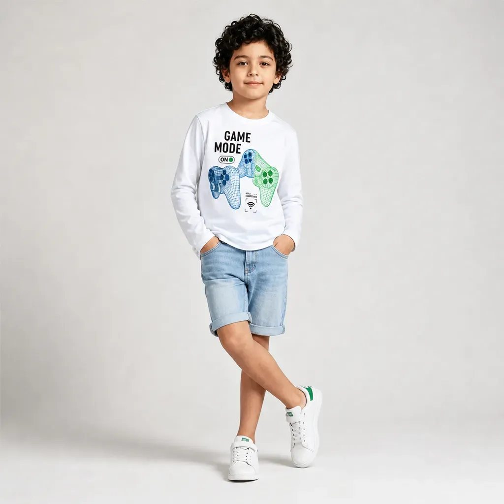 Boys' cotton long-sleeve game mode t-shirt