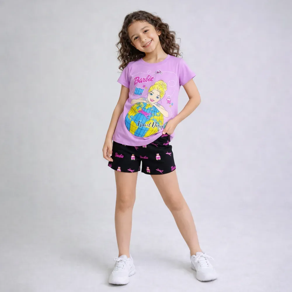 Girls’ summer cotton pajama set ( Lila Barbie ) Lavender T-Shirt & black Shorts