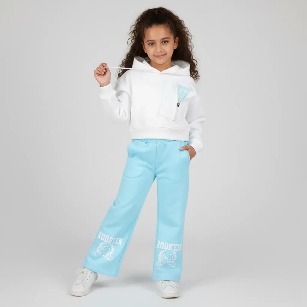 Girls' Winter Casual Set  White Front-Pocket Hoodie & WideLeg Pants