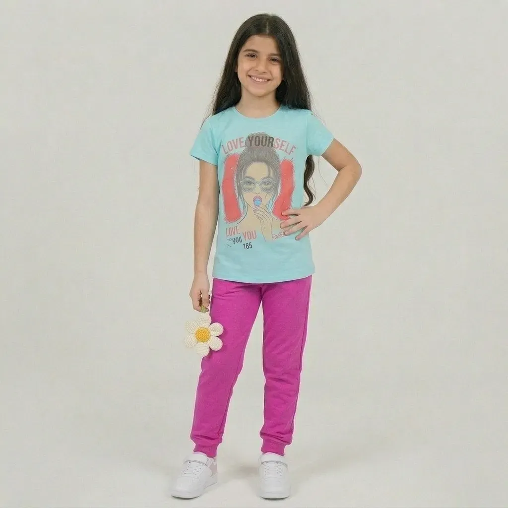 Summer Girls cotton pajama  t shirt baby blue pants pink