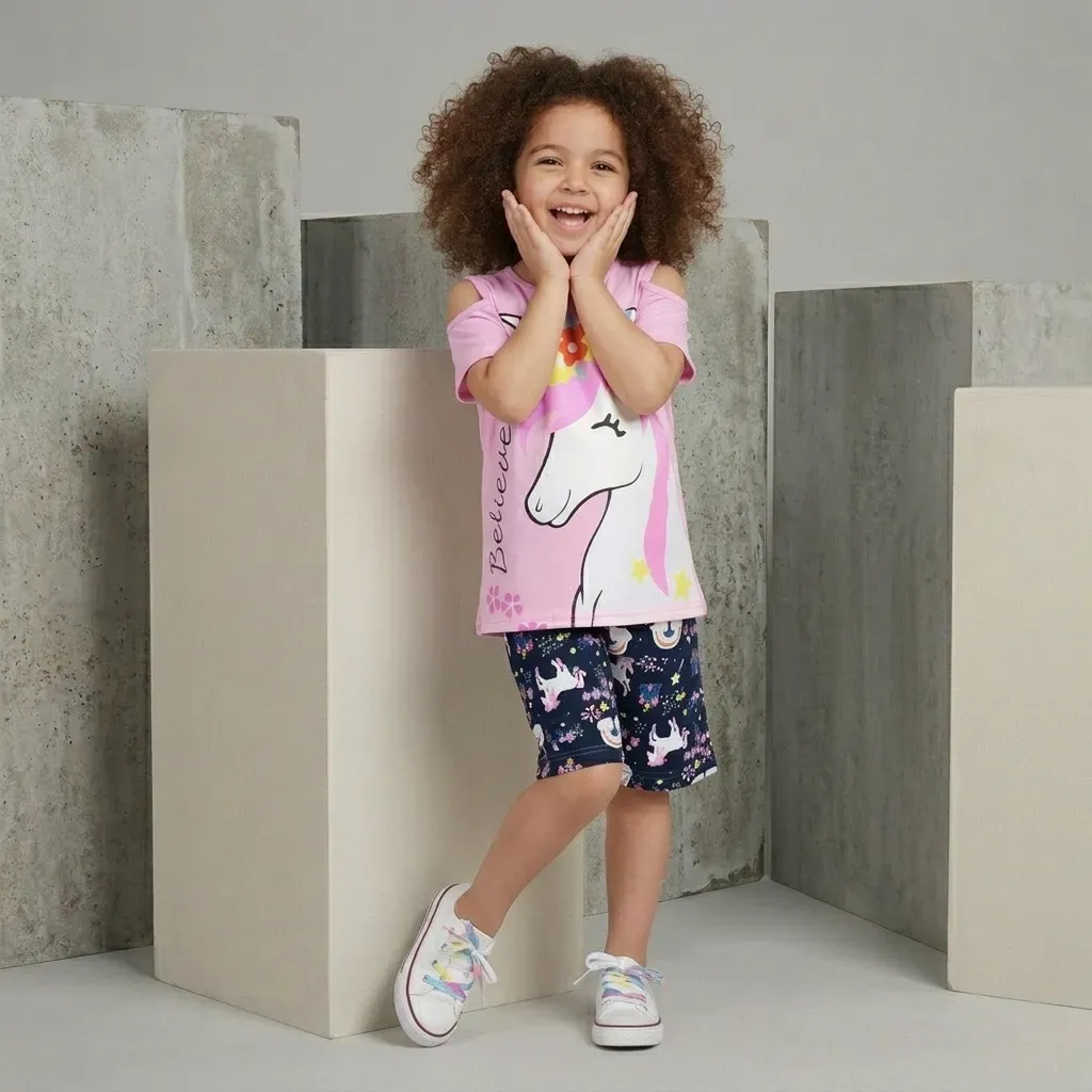Girls Unicorn cotton summer pajama set – Pink & Mint Green