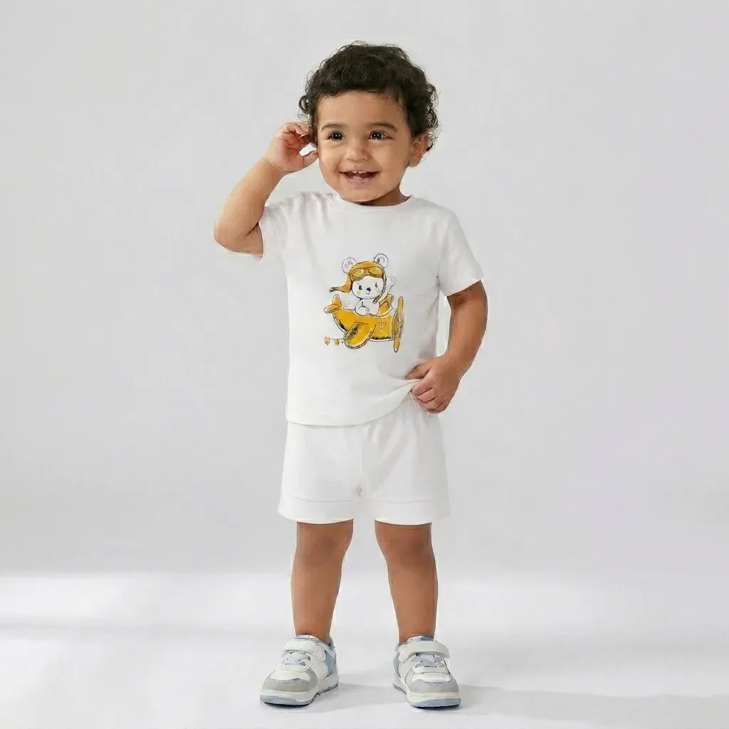 Infant summer cotton Pajama Set – Bear Design for (Boys & Girls) white