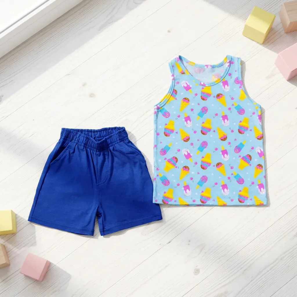 Kids summer home set sleeveless top & shorts with Ice Cream print