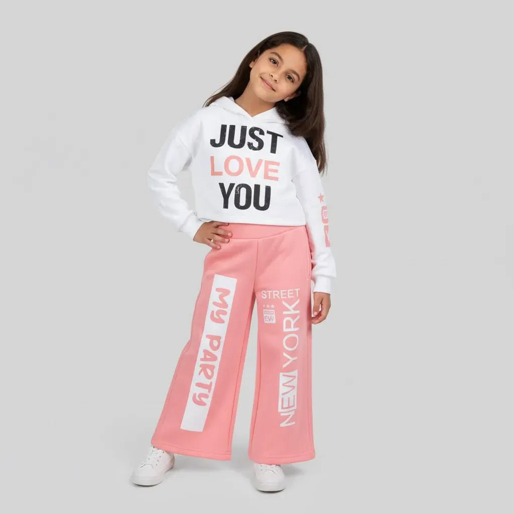 Girls' Trendy Winter Outfit Printed Crop Hoodie with Wide Leg Pants