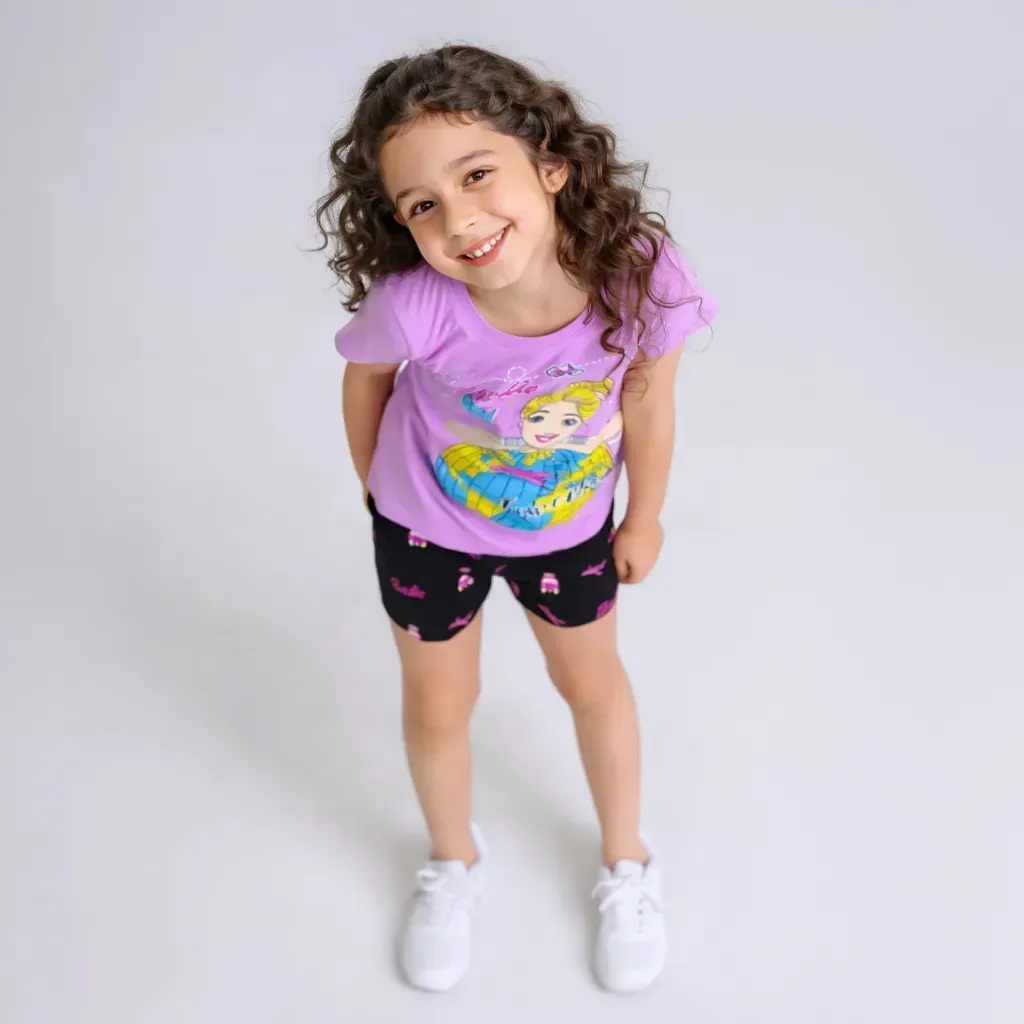 Girls’ summer cotton pajama set ( Lila Barbie ) Lavender T-Shirt & black Shorts