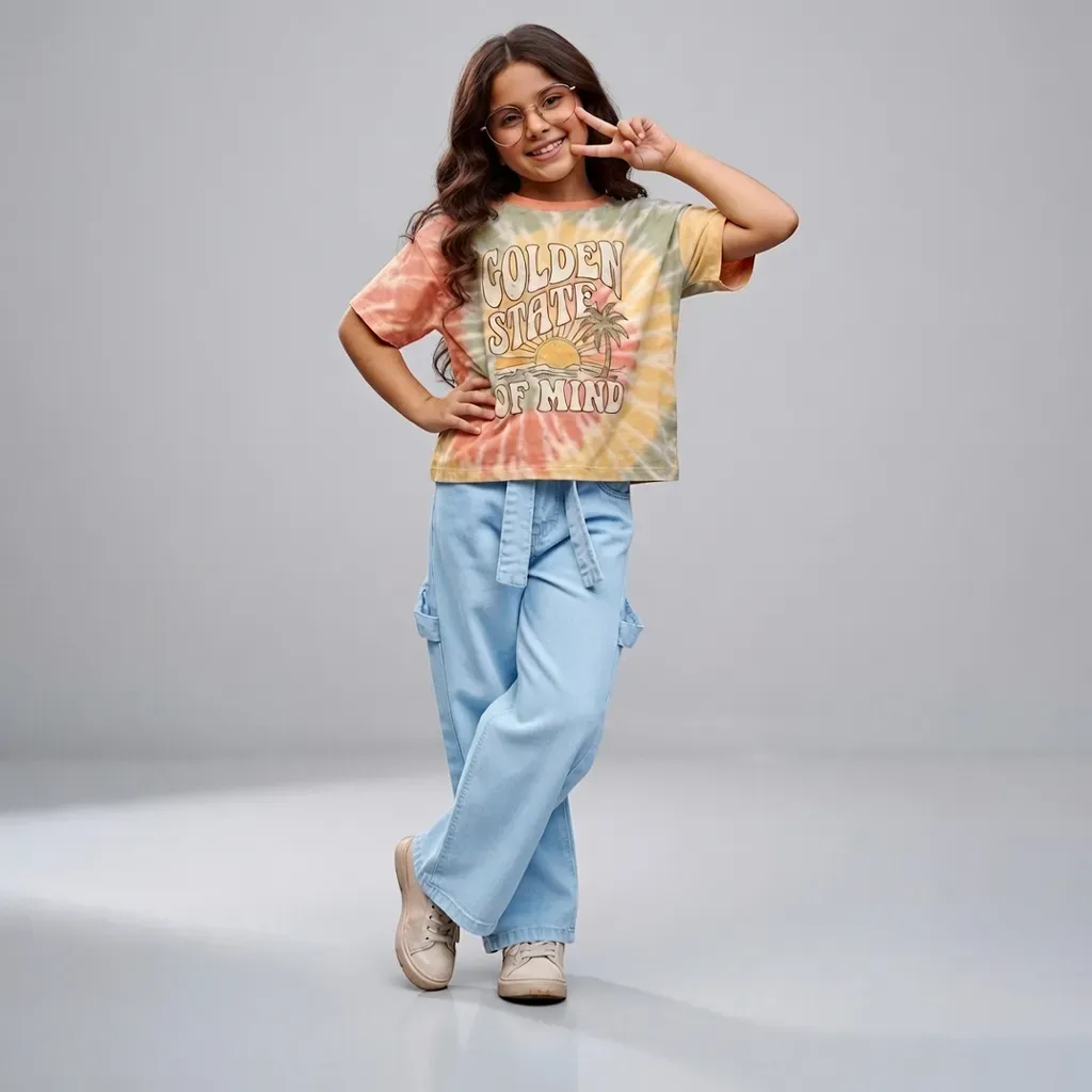 Tween Girls Light Blue Wide-Leg Denim Jeans with Waist Belt