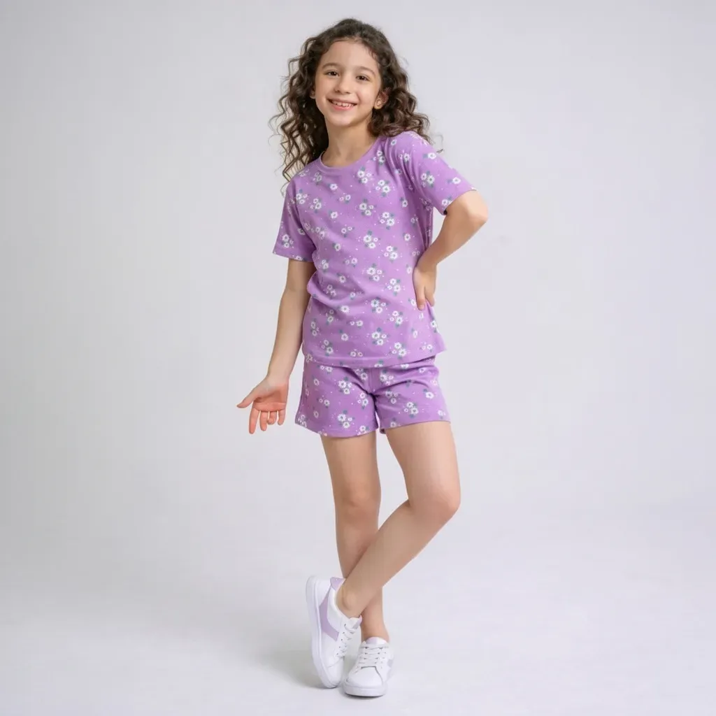Summer cotton pajama set for girls – T-shirt & shorts with floral design Lavender & Mint green