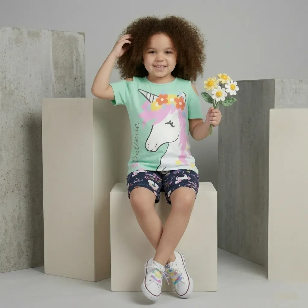 Girls Unicorn cotton summer pajama set – Pink & Mint Green