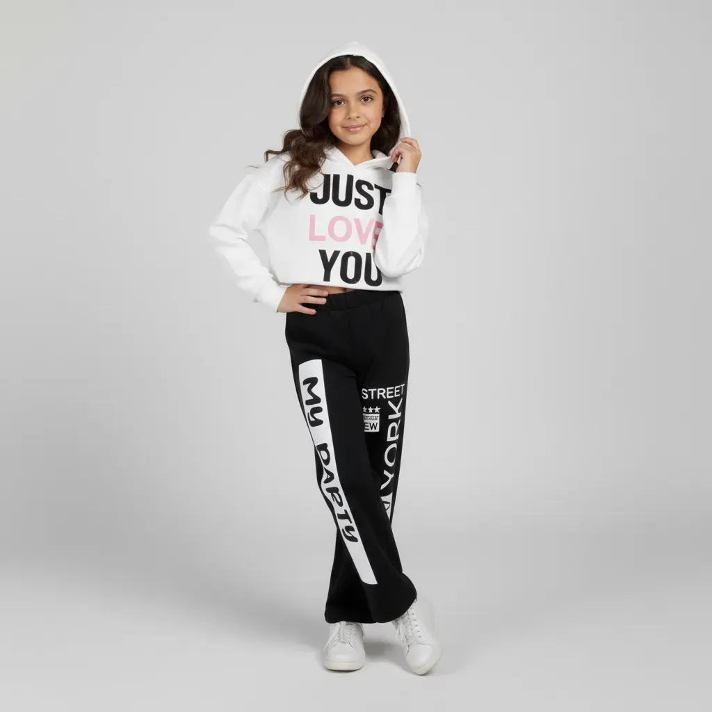 Girls' Trendy Winter Outfit Printed Crop Hoodie with Wide Leg Pants