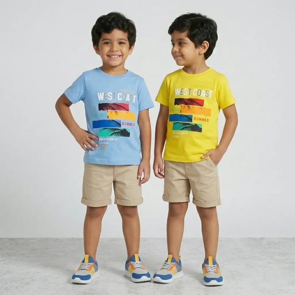 Boys’ summer cotton T-Shirt – West Coast Yellow – Sky blue