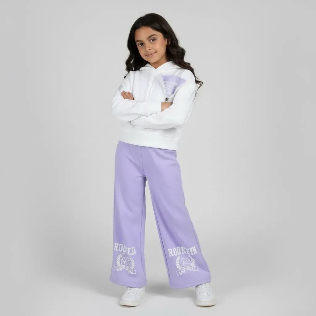Girls' Winter Casual Set  White Front-Pocket Hoodie & WideLeg Pants