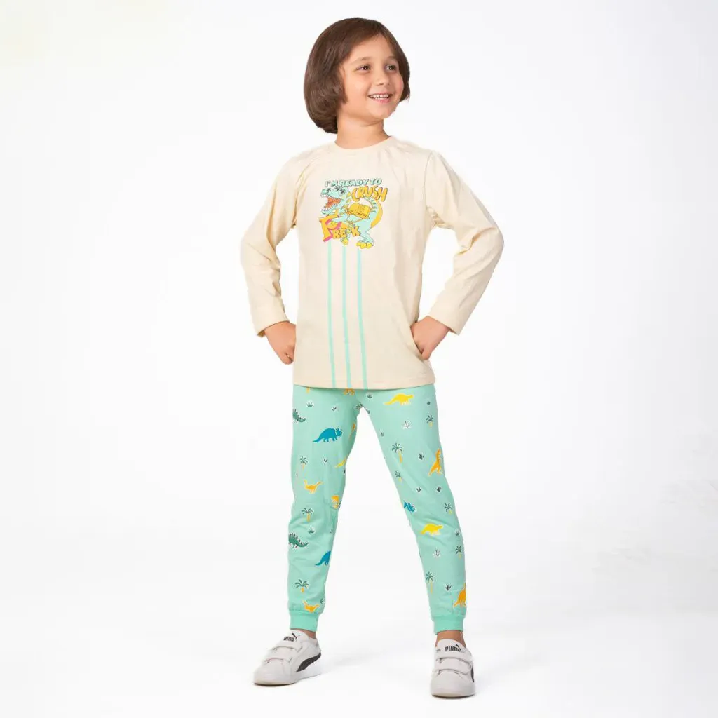 Boys Autumn Cotton Pajama Set Dinosaur Design Cozy Warm