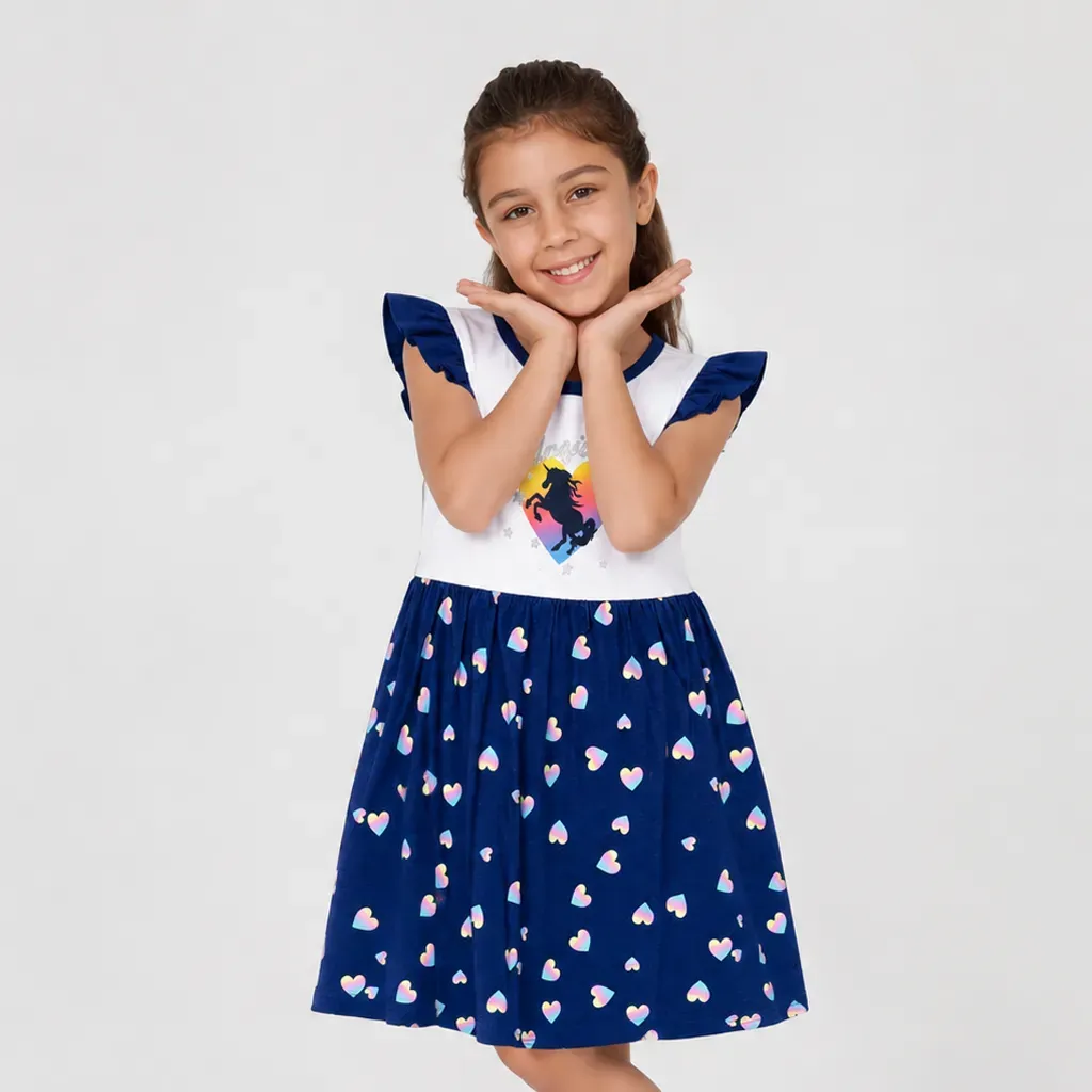 Girls' White and Navy Unicorn Summer Dress - Imported