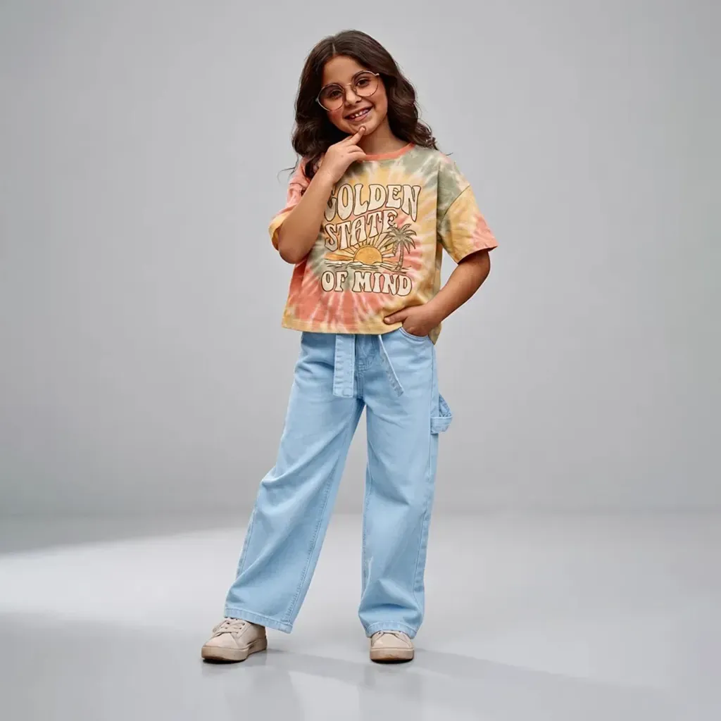 Tween Girls Light Blue Wide-Leg Denim Jeans with Waist Belt