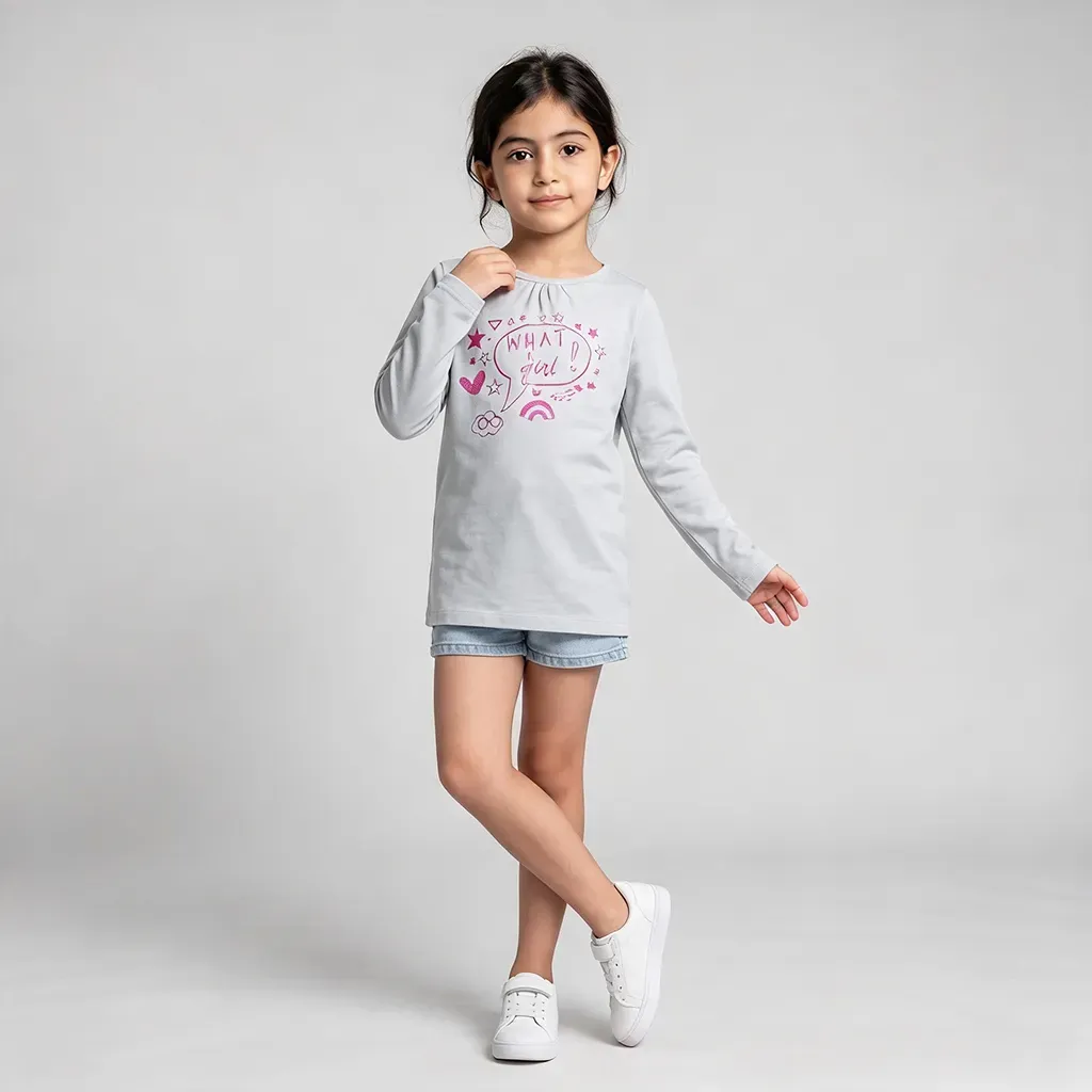 Girls' grey long-sleeve cotton graphic t-shirt