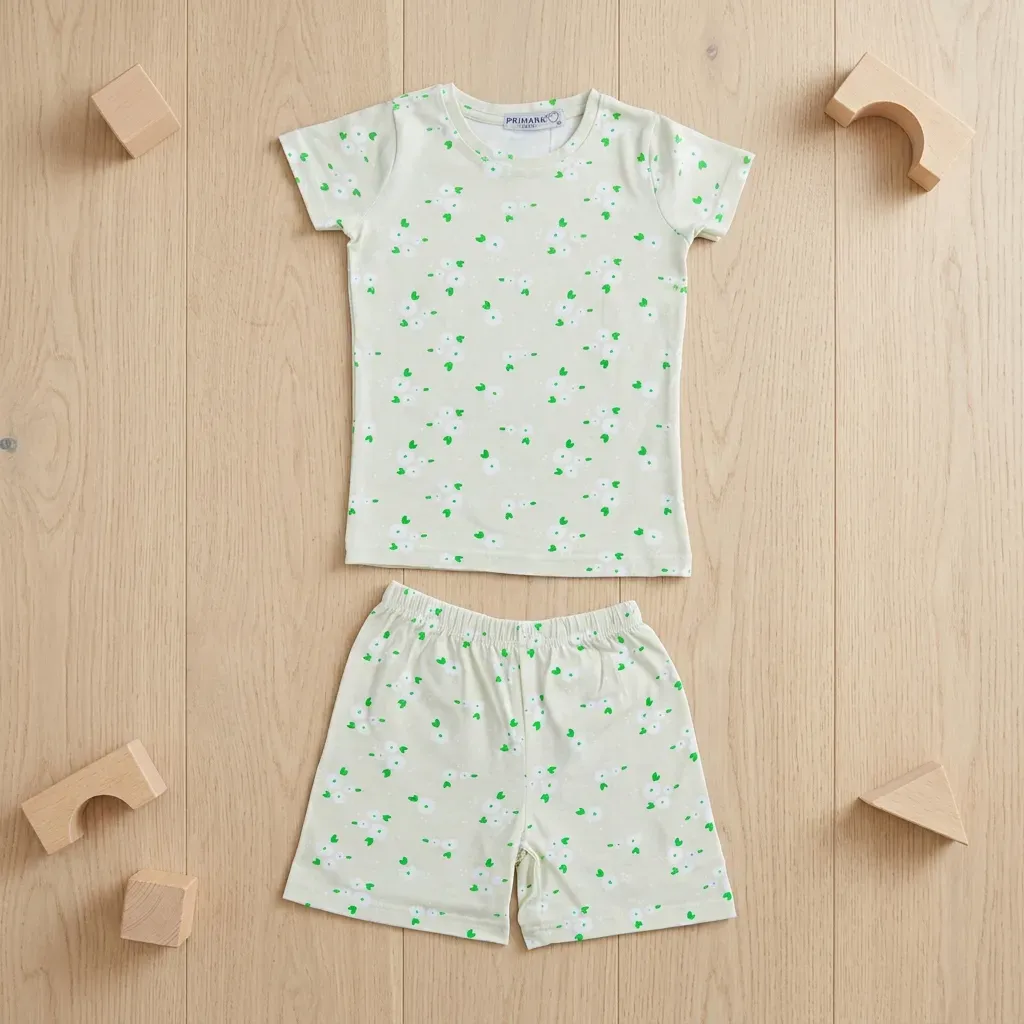 Summer cotton pajama set for girls – T-shirt & shorts with floral design Lavender & Mint green