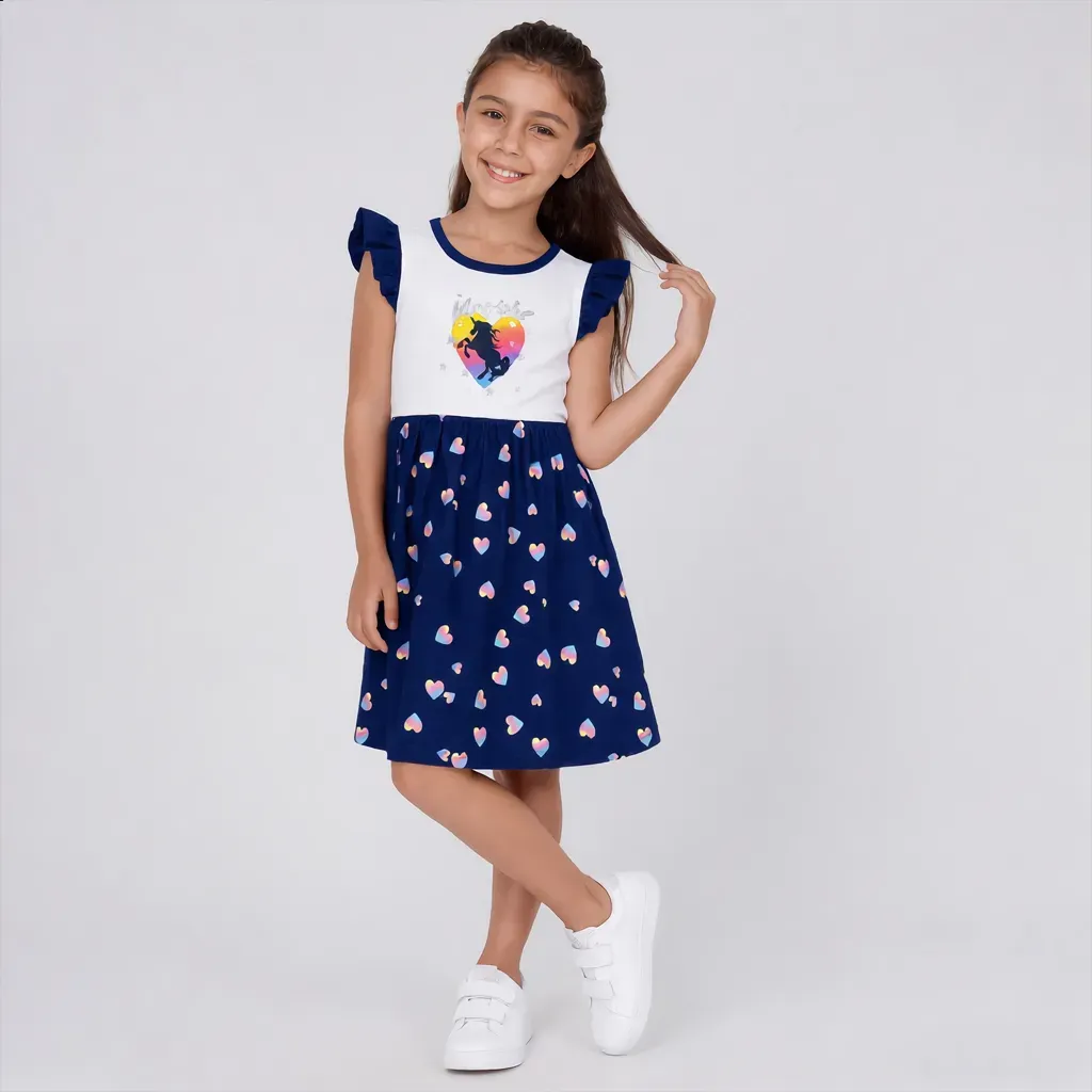 Girls' White and Navy Unicorn Summer Dress - Imported