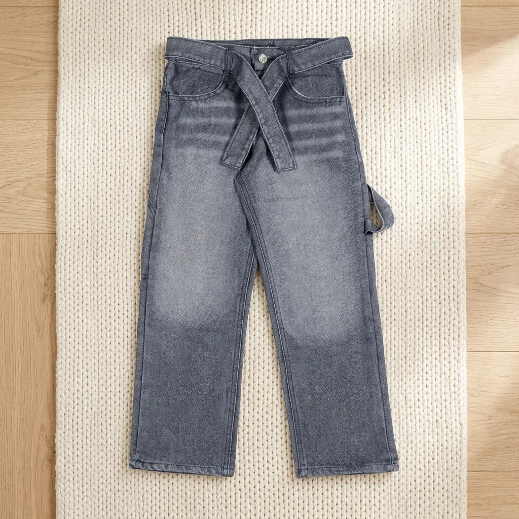 Tween Girls Gray Wide-Leg Denim Jeans with Waist Belt