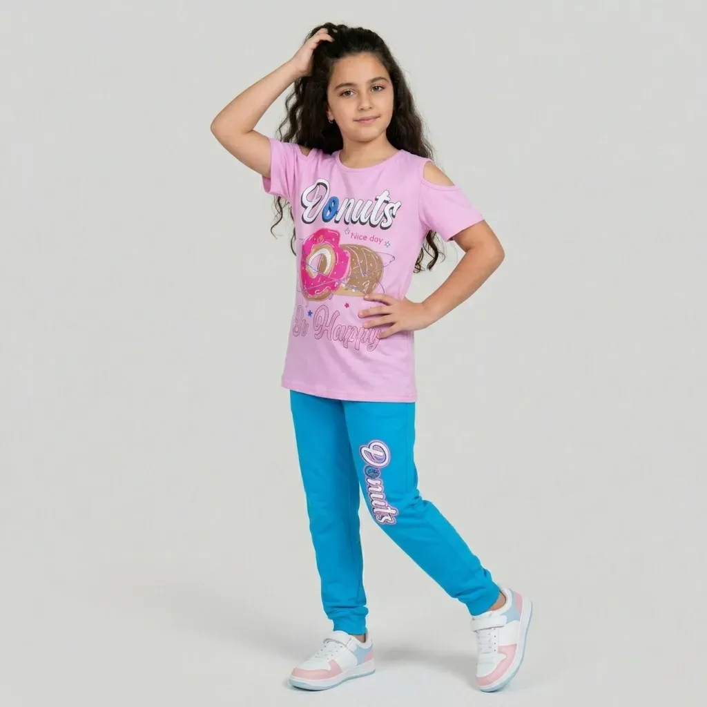 Tween girls’ summer cotton pajama with Donut Design Ping T shirt & Baby Blue pants