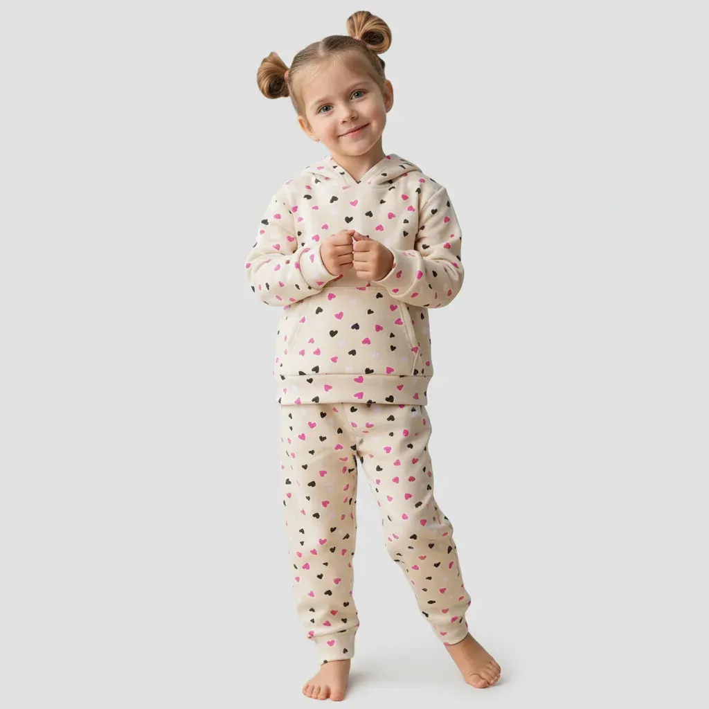 Girls Winter Fleece Lined Heart Hooded Pyjamas