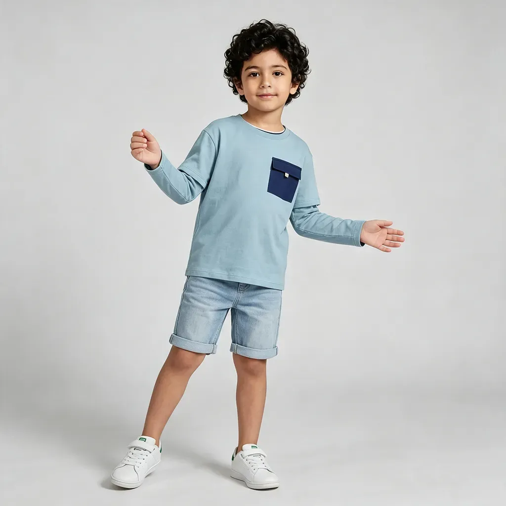 Boys' solid pocket long-sleeve imported t-shirt