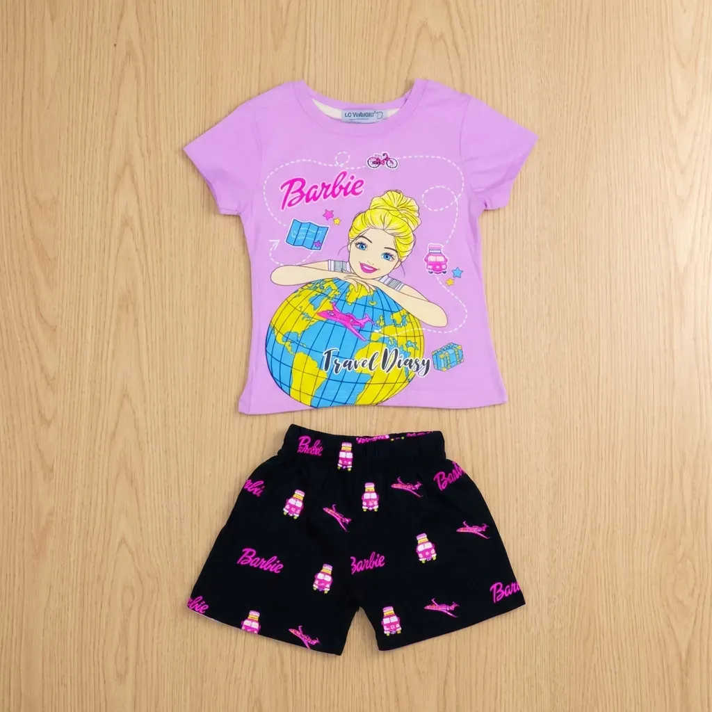 Girls’ summer cotton pajama set ( Lila Barbie ) Lavender T-Shirt & black Shorts