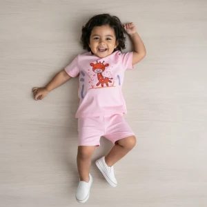 Kids summer cotton pajamas –Giraffe Design pink