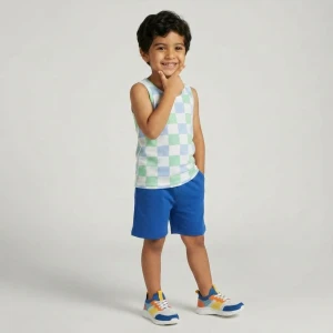 Kids summer cotton pajama set Green & Sky-Blue checkered Design