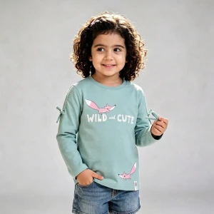 Girls' mint long-sleeve cute fox graphic t-shirt