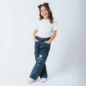 Girls’ Blue Cargo Jeans with Side Pockets Hello Kitty design
