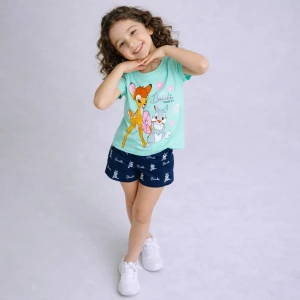 Girls’ summer cotton pajama set Turquoise T-Shirt & Navy Shorts (Bambi the Deer)