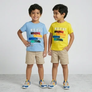 Boys’ summer cotton T-Shirt – West Coast Yellow – Sky blue