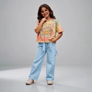 Tween Girls Light Blue Wide-Leg Denim Jeans with Waist Belt