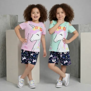 Girls Unicorn cotton summer pajama set – Pink & Mint Green