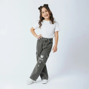 Girls’ Grey Cargo Jeans with Side Pockets Hello Kitty design