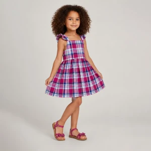 Colorful Summer Plaid Dress with Gathered Waist & Flared Skirt