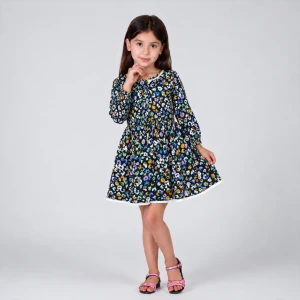 Long-Sleeve Navy Floral Dress with Lace – Autumn & Winter Model