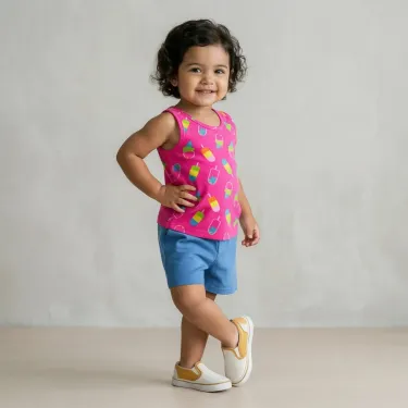 Cotton summer Set for Boys & Girls Ice Cream Vibes Fuchsia with blue shorts
